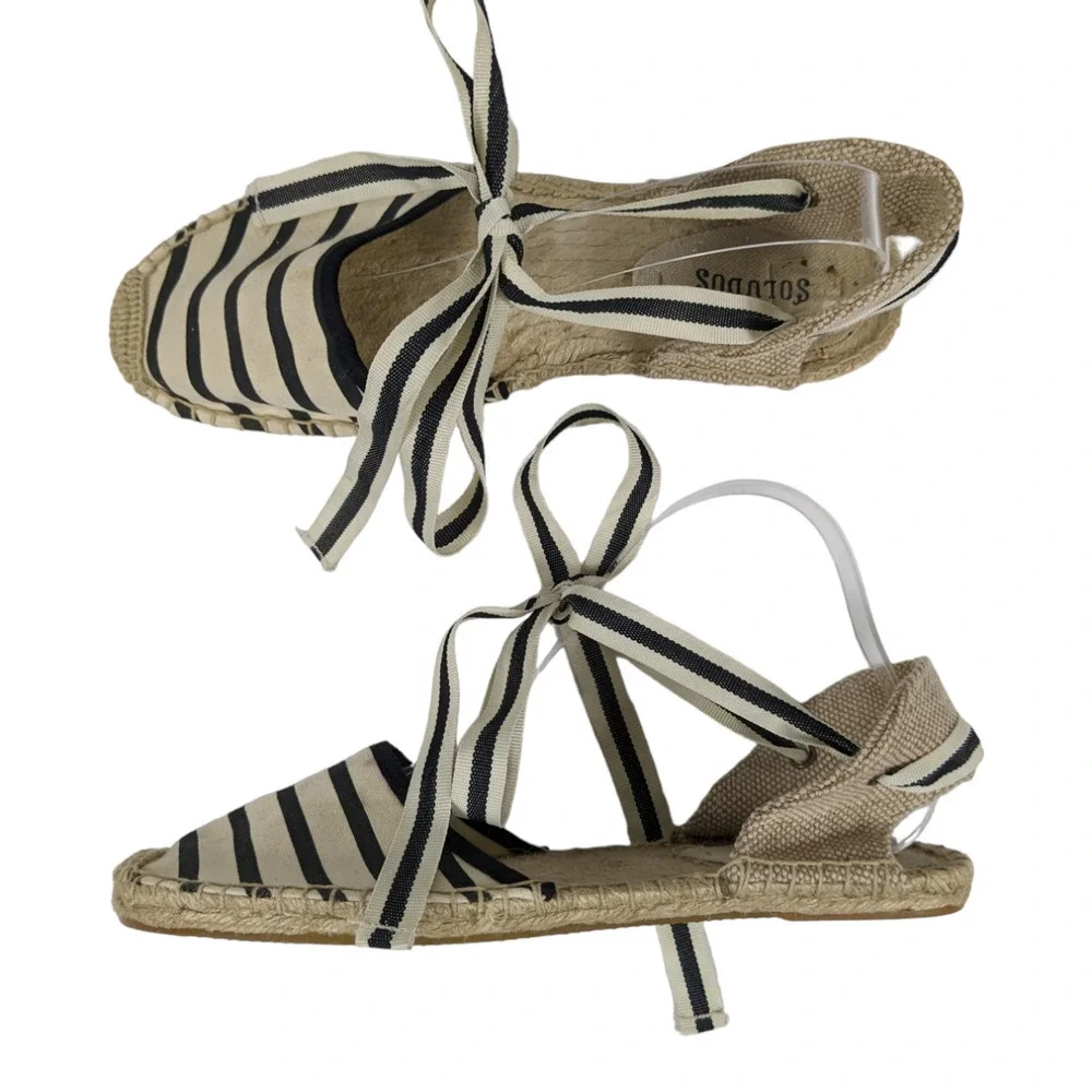 Soludos Espadrilles 9 Cream Navy Blue Stripe Ribbon Tie Closure Flat Shoes - Picture 1 of 7